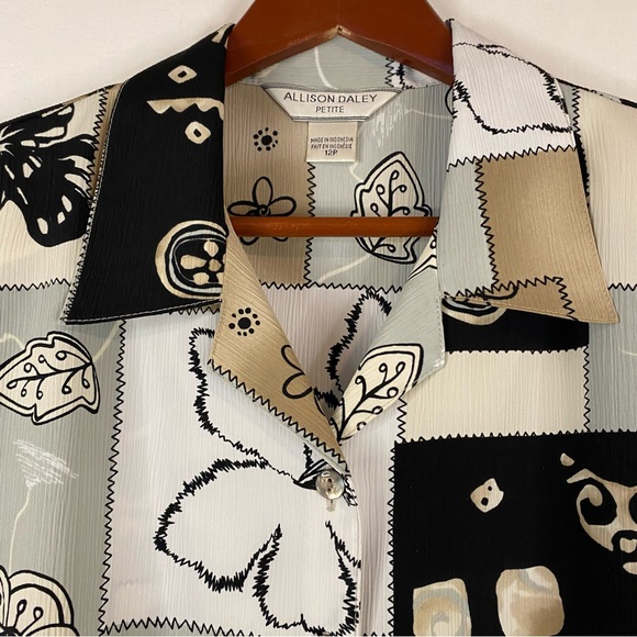 ALLISON DALEY Button Down Shirt Short Sleeve Patchwork Black Tan Size 12 Petite - Picture 2 of 7